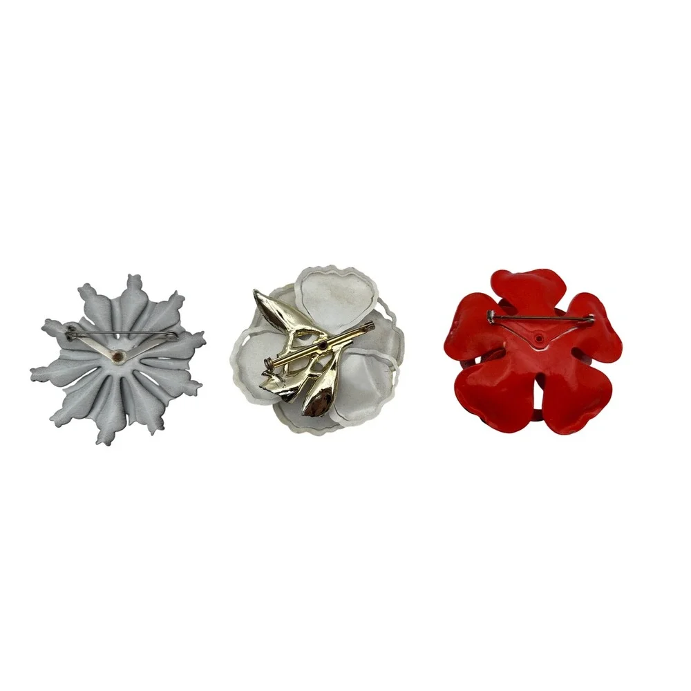 Vintage‎ Enamel Flower Brooch Lot 7pc Mod Pop Art Floral Pins Red White Teal